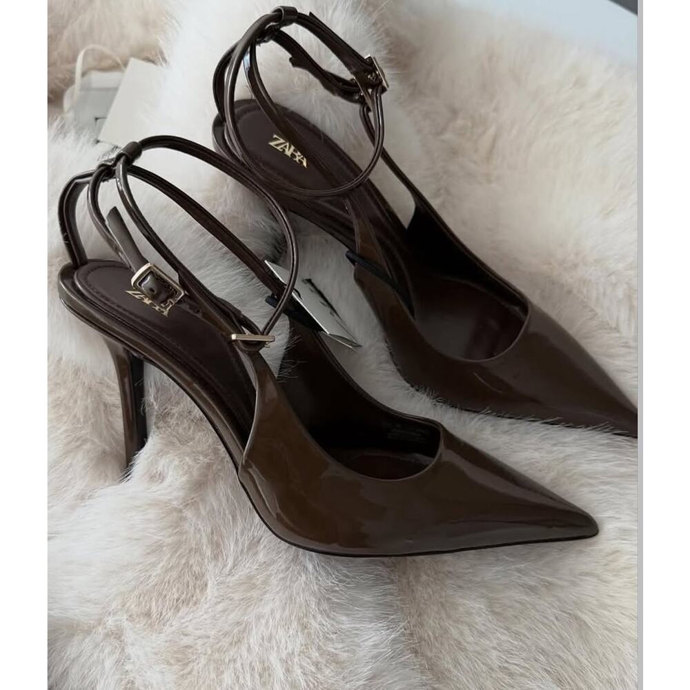 Zara Khaki Patent Slingback Stiletto Heels Pointed Toe NWT - Picture 10 of 16